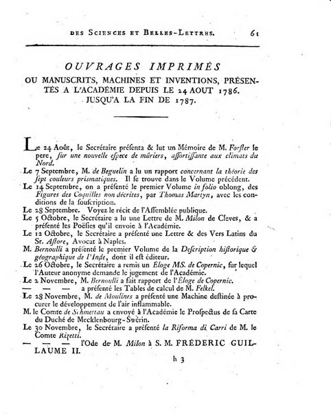 Memoires de l'Academie royale des sciences et belles lettres depuis l'avenement de Frederic Guillaume 2. au throne