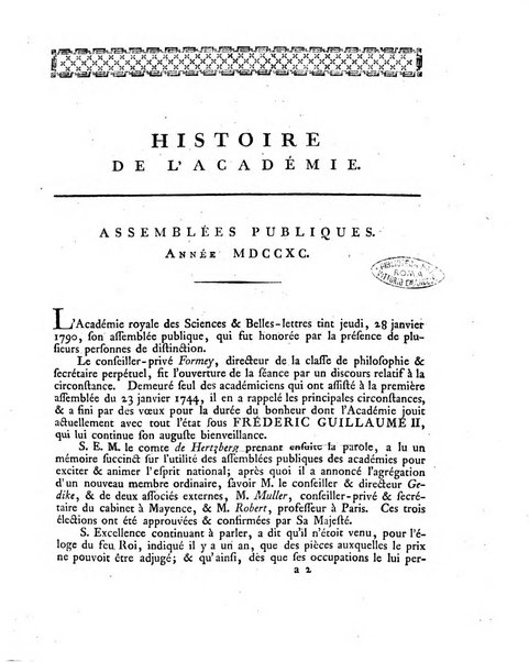 Memoires de l'Academie royale des sciences et belles lettres depuis l'avenement de Frederic Guillaume 2. au throne