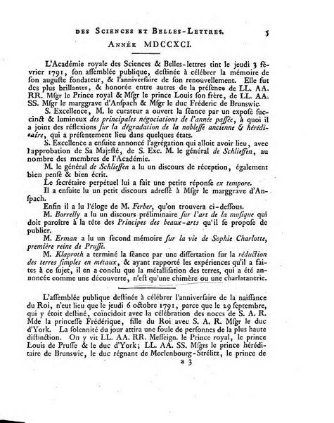 Memoires de l'Academie royale des sciences et belles lettres depuis l'avenement de Frederic Guillaume 2. au throne