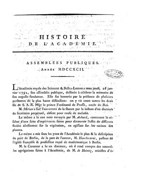 Memoires de l'Academie royale des sciences et belles lettres depuis l'avenement de Frederic Guillaume 2. au throne