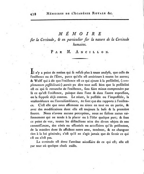 Memoires de l'Academie royale des sciences et belles lettres depuis l'avenement de Frederic Guillaume 2. au throne