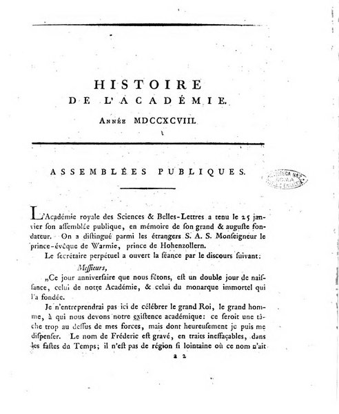 Memoires de l'Academie royale des sciences et belles lettres depuis l'avenement de Frederic Guillaume 2. au throne