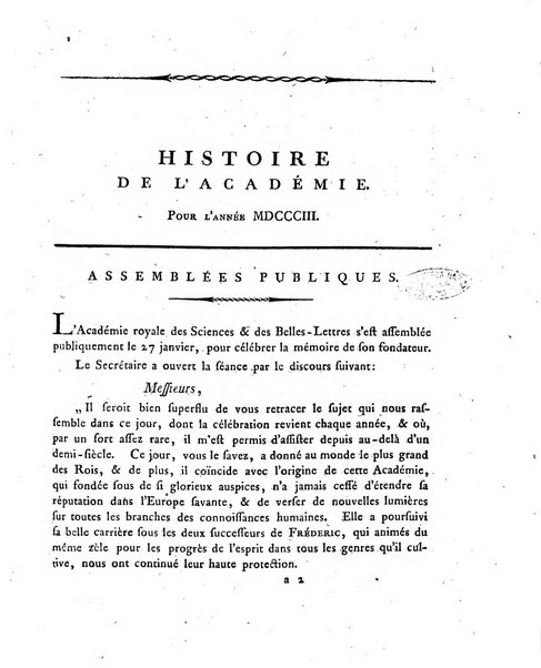 Memoires de l'Academie royale des sciences et belles lettres depuis l'avenement de Frederic Guillaume 2. au throne