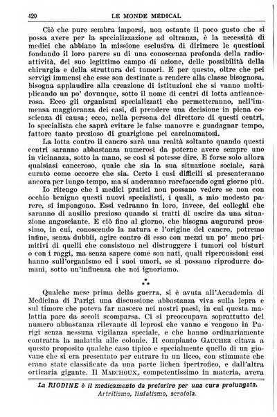 Le monde médical rivista internazionale di medicina e terapia