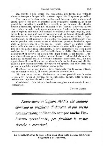 Le monde médical rivista internazionale di medicina e terapia