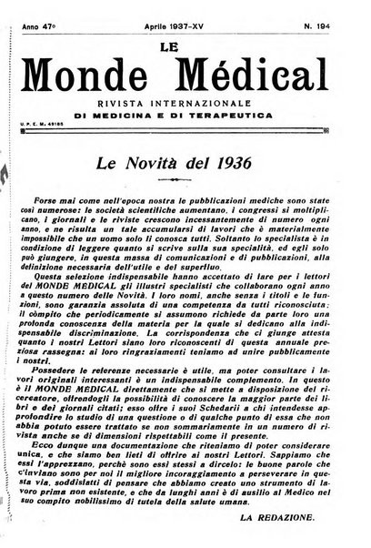 Le monde médical rivista internazionale di medicina e terapia