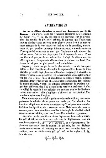 Les mondes revue hebdomadaire des sciences et de leurs applications aux arts et a l'industrie