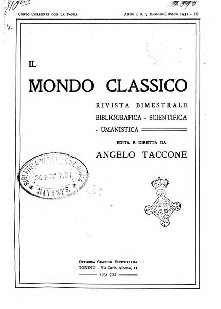 Il mondo classico rivista bimestrale bibliografica, scientifica, umanistica