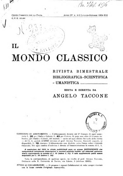 Il mondo classico rivista bimestrale bibliografica, scientifica, umanistica