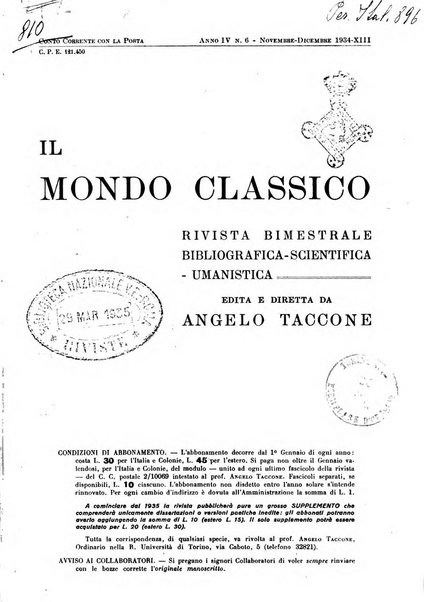 Il mondo classico rivista bimestrale bibliografica, scientifica, umanistica