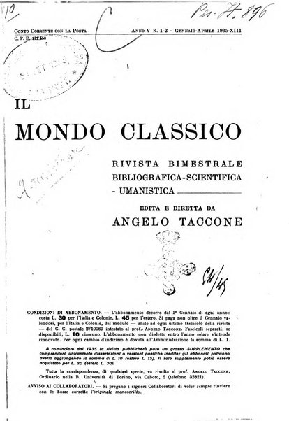 Il mondo classico rivista bimestrale bibliografica, scientifica, umanistica