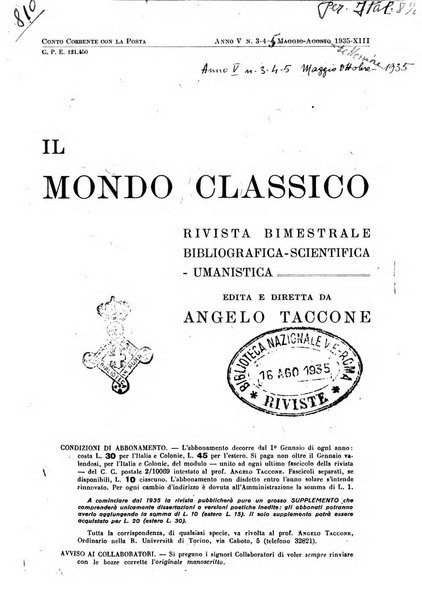 Il mondo classico rivista bimestrale bibliografica, scientifica, umanistica