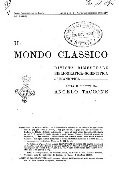 Il mondo classico rivista bimestrale bibliografica, scientifica, umanistica