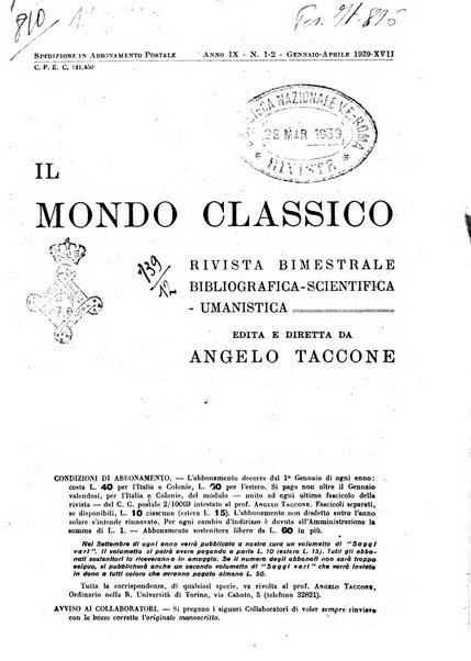 Il mondo classico rivista bimestrale bibliografica, scientifica, umanistica