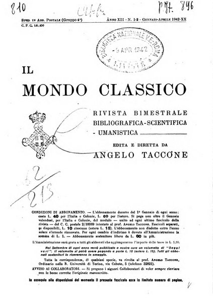 Il mondo classico rivista bimestrale bibliografica, scientifica, umanistica