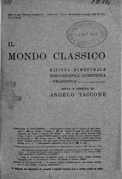 Il mondo classico rivista bimestrale bibliografica, scientifica, umanistica