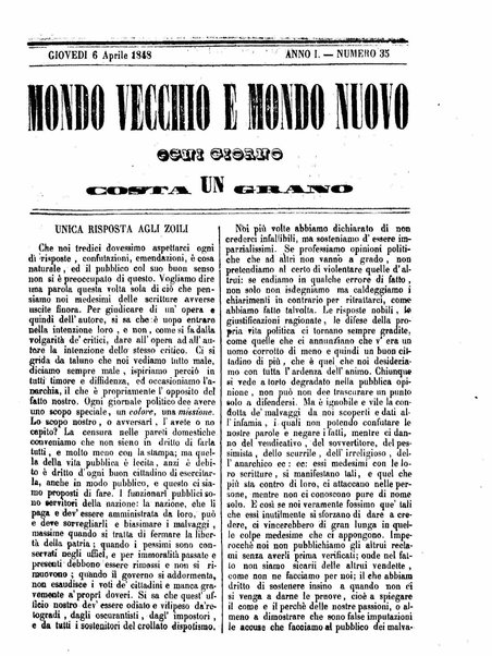 Mondo vecchio e mondo nuovo : ogni giorno costa un grano