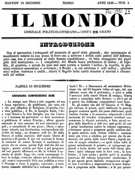 Mondo vecchio e mondo nuovo : ogni giorno costa un grano