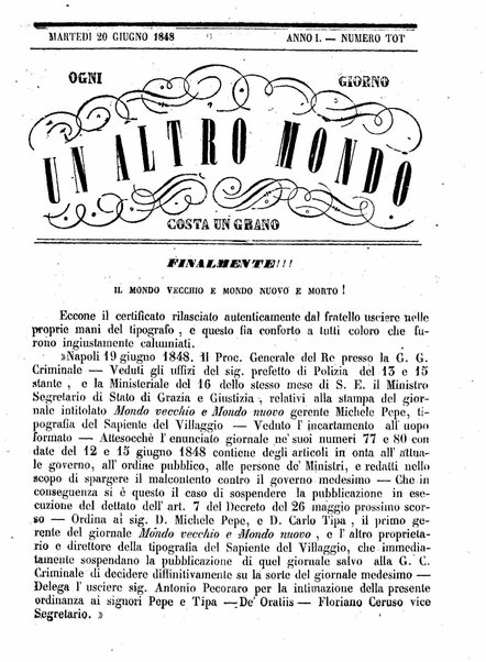 Mondo vecchio e mondo nuovo : ogni giorno costa un grano