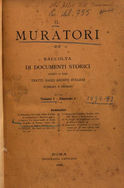 Il Muratori raccolta di documenti storici inediti o rari tratti dagli archivi italiani pubblici e privati