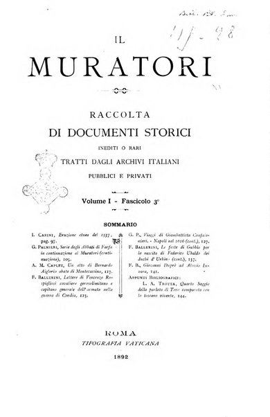 Il Muratori raccolta di documenti storici inediti o rari tratti dagli archivi italiani pubblici e privati