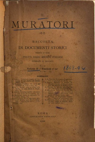 Il Muratori raccolta di documenti storici inediti o rari tratti dagli archivi italiani pubblici e privati