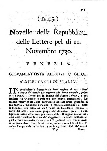 Novelle della Repubblica delle lettere dell'anno ..., pubblicate sotto gli auspizj di sua eccellenza ...