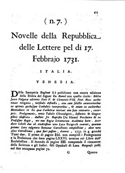 Novelle della Repubblica delle lettere dell'anno ..., pubblicate sotto gli auspizj di sua eccellenza ...