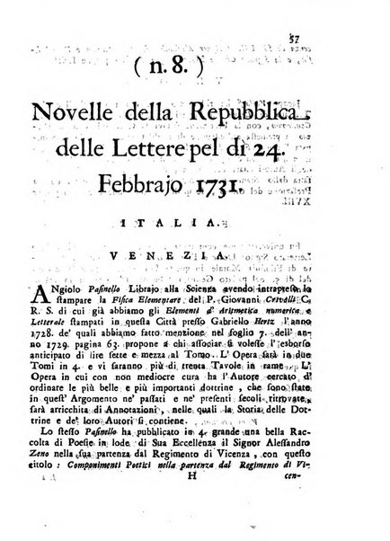 Novelle della Repubblica delle lettere dell'anno ..., pubblicate sotto gli auspizj di sua eccellenza ...