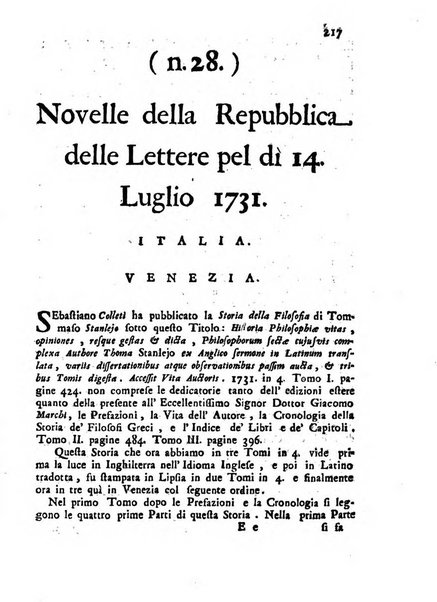 Novelle della Repubblica delle lettere dell'anno ..., pubblicate sotto gli auspizj di sua eccellenza ...