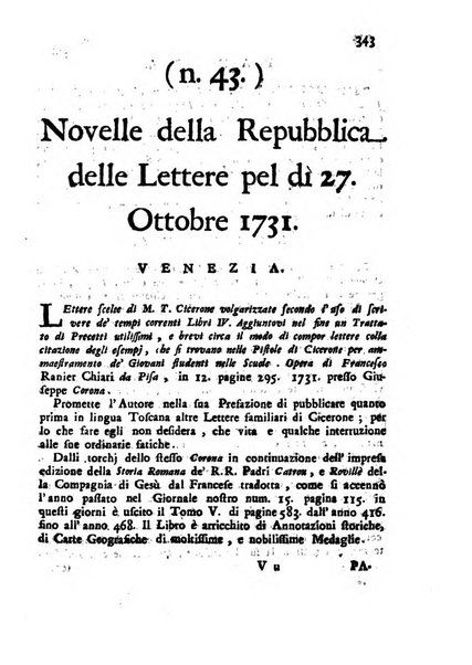 Novelle della Repubblica delle lettere dell'anno ..., pubblicate sotto gli auspizj di sua eccellenza ...