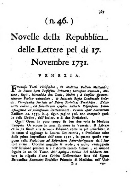 Novelle della Repubblica delle lettere dell'anno ..., pubblicate sotto gli auspizj di sua eccellenza ...