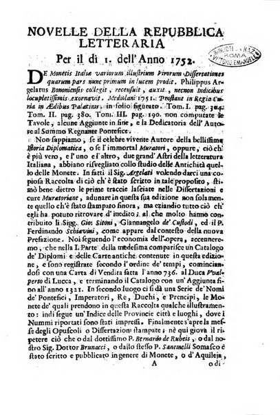 Novelle della Repubblica delle lettere dell'anno ..., pubblicate sotto gli auspizj di sua eccellenza ...