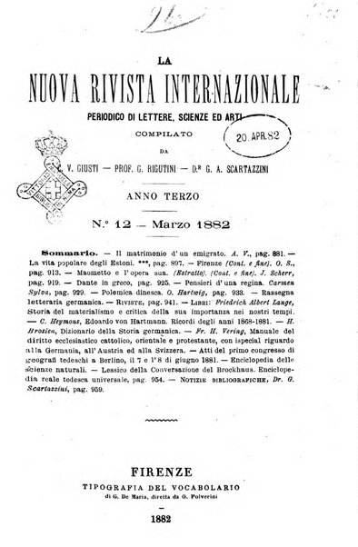 La nuova rivista internazionale periodico di lettere, scienze ed arti