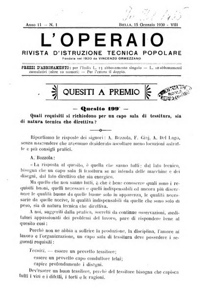 L'operaio rivista d'istruzione tecnica popolare