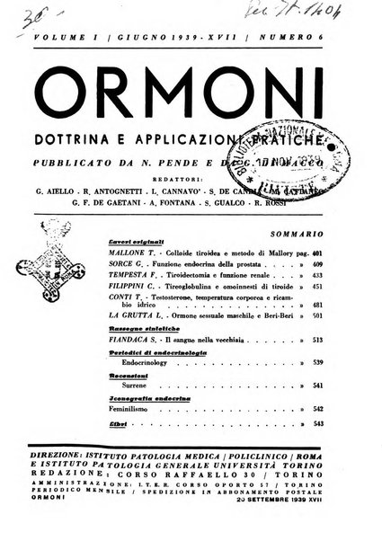 Ormoni dottrina e applicazioni pratiche pubblicate da Nicola Pende e Gennaro Di Macco