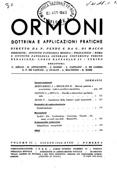 Ormoni dottrina e applicazioni pratiche pubblicate da Nicola Pende e Gennaro Di Macco