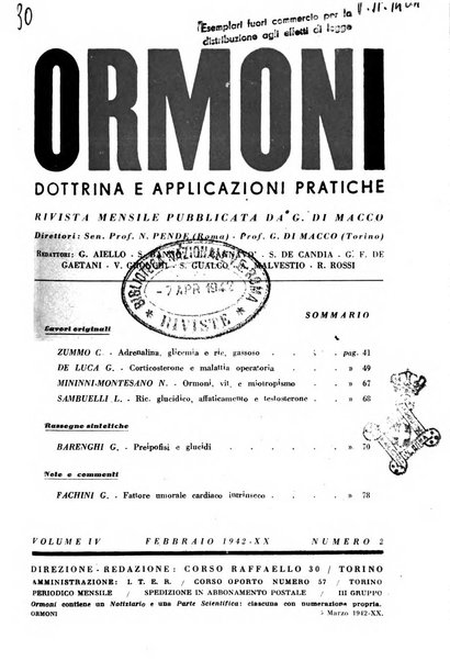 Ormoni dottrina e applicazioni pratiche pubblicate da Nicola Pende e Gennaro Di Macco