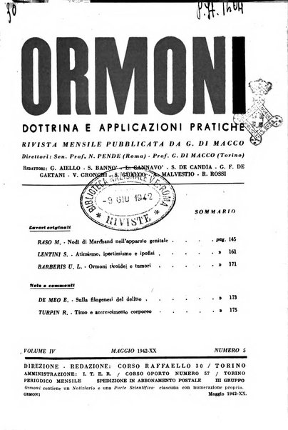 Ormoni dottrina e applicazioni pratiche pubblicate da Nicola Pende e Gennaro Di Macco