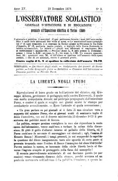 L'osservatore scolastico Giornale d'istruzione e d'educazione premiato all'Esposizione Didattica di Torino (1869)