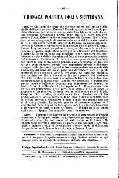 L'osservatore scolastico Giornale d'istruzione e d'educazione premiato all'Esposizione Didattica di Torino (1869)