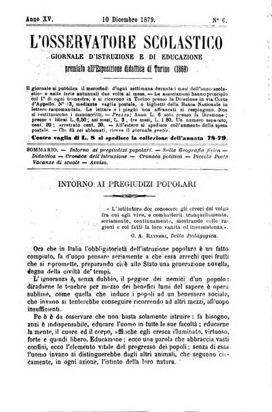 L'osservatore scolastico Giornale d'istruzione e d'educazione premiato all'Esposizione Didattica di Torino (1869)