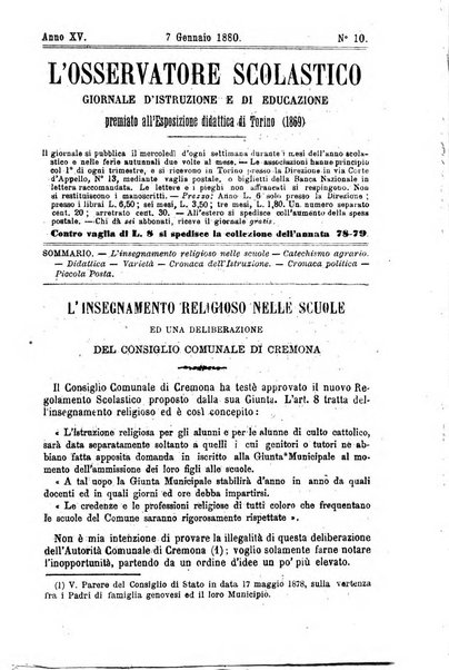 L'osservatore scolastico Giornale d'istruzione e d'educazione premiato all'Esposizione Didattica di Torino (1869)