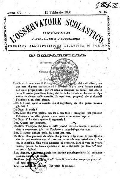 L'osservatore scolastico Giornale d'istruzione e d'educazione premiato all'Esposizione Didattica di Torino (1869)