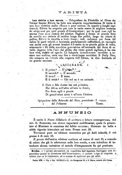 L'osservatore scolastico Giornale d'istruzione e d'educazione premiato all'Esposizione Didattica di Torino (1869)