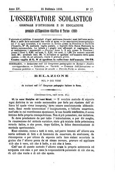 L'osservatore scolastico Giornale d'istruzione e d'educazione premiato all'Esposizione Didattica di Torino (1869)