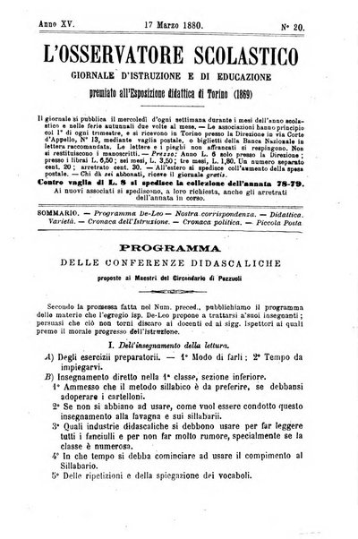 L'osservatore scolastico Giornale d'istruzione e d'educazione premiato all'Esposizione Didattica di Torino (1869)