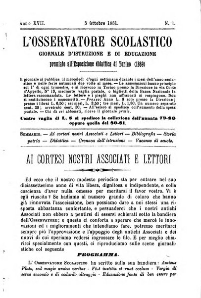 L'osservatore scolastico Giornale d'istruzione e d'educazione premiato all'Esposizione Didattica di Torino (1869)