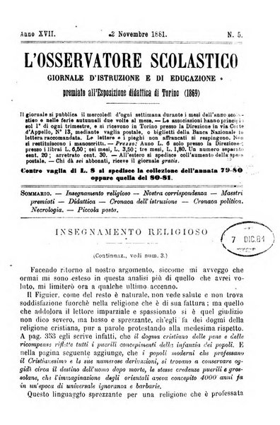 L'osservatore scolastico Giornale d'istruzione e d'educazione premiato all'Esposizione Didattica di Torino (1869)