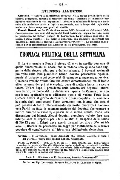 L'osservatore scolastico Giornale d'istruzione e d'educazione premiato all'Esposizione Didattica di Torino (1869)